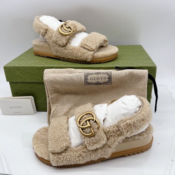 Gucci Merino Wool Interlocking GG Logo Flats Sandals Beige Shearling EU 36.5 - Picture 1 of 16
